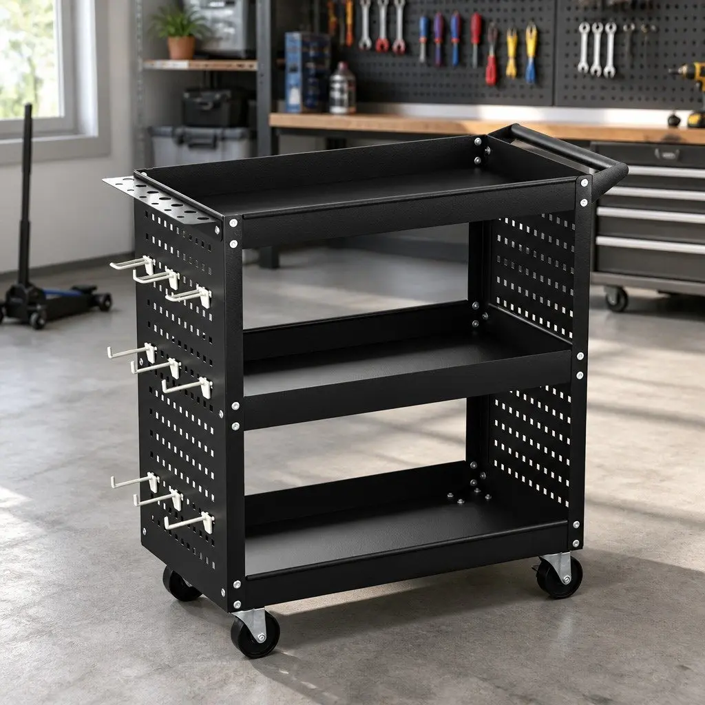 3-Tier Tool Cart with Pegboard and Wheels