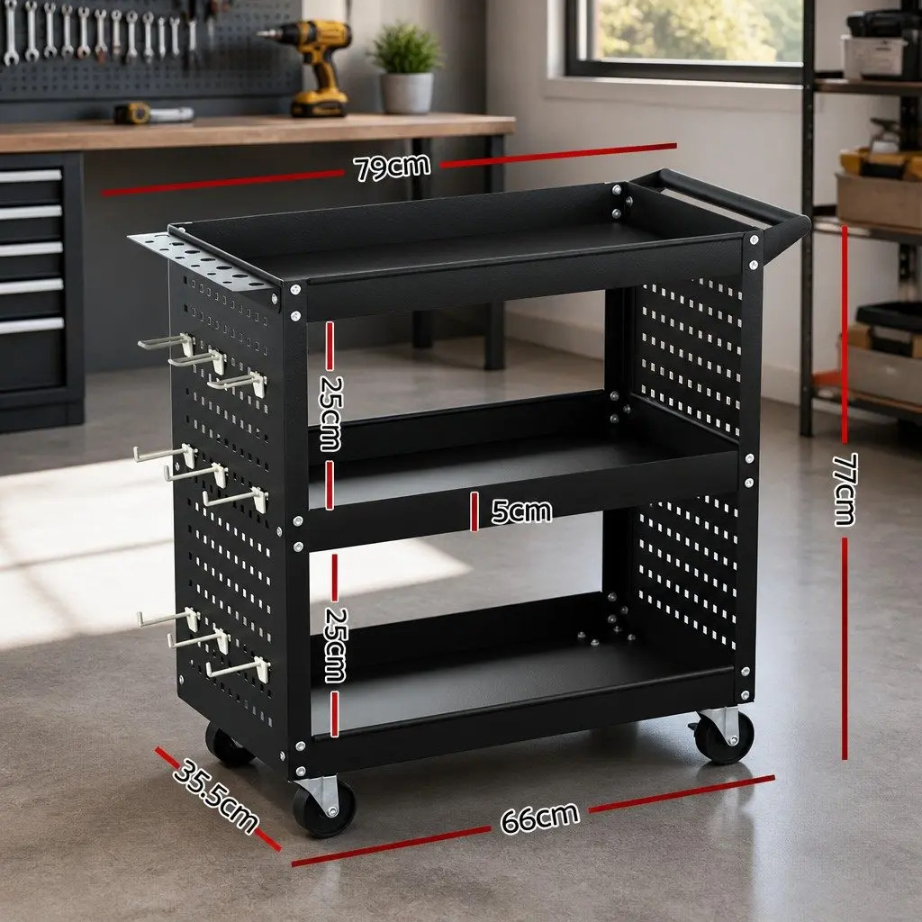 3-Tier Tool Cart with Pegboard and Wheels