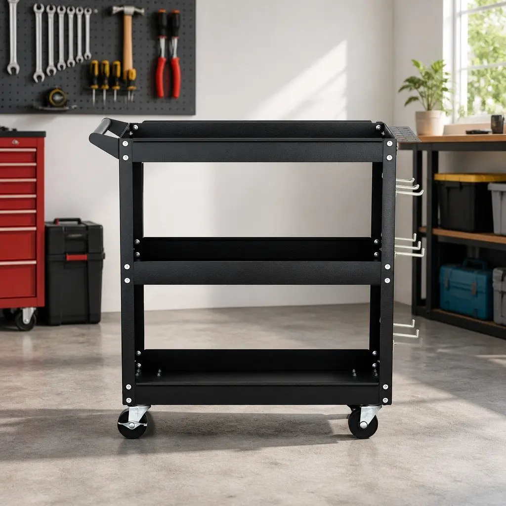 3-Tier Tool Cart with Pegboard and Wheels