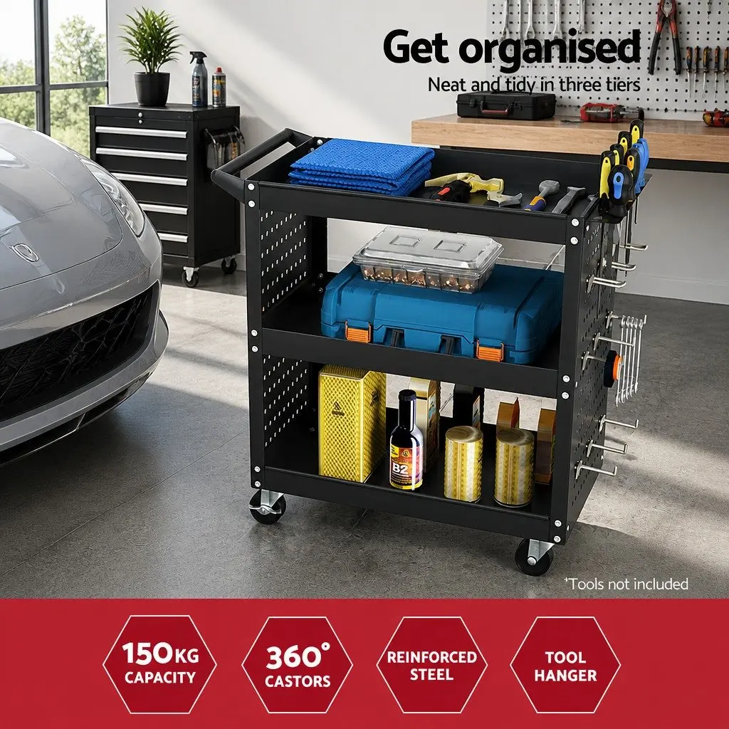 3-Tier Tool Cart with Pegboard and Wheels