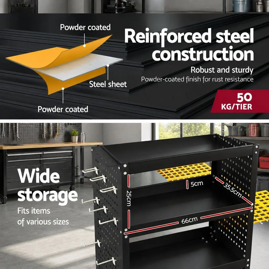 3-Tier Tool Cart with Pegboard and Wheels