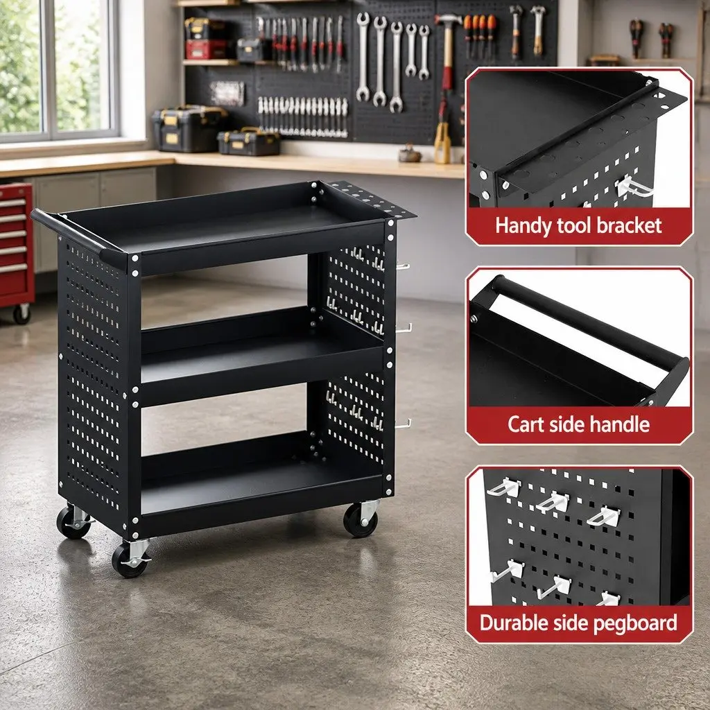 3-Tier Tool Cart with Pegboard and Wheels