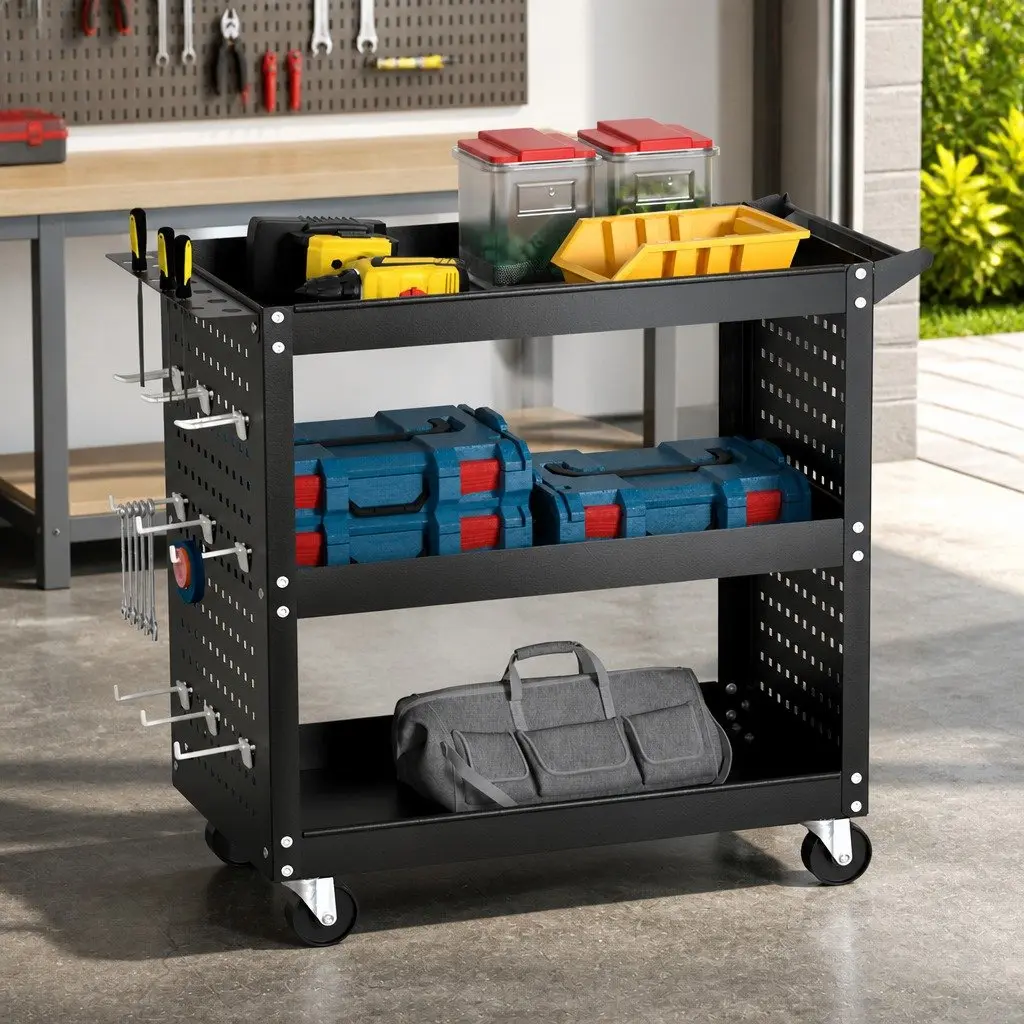 3-Tier Tool Cart with Pegboard and Wheels