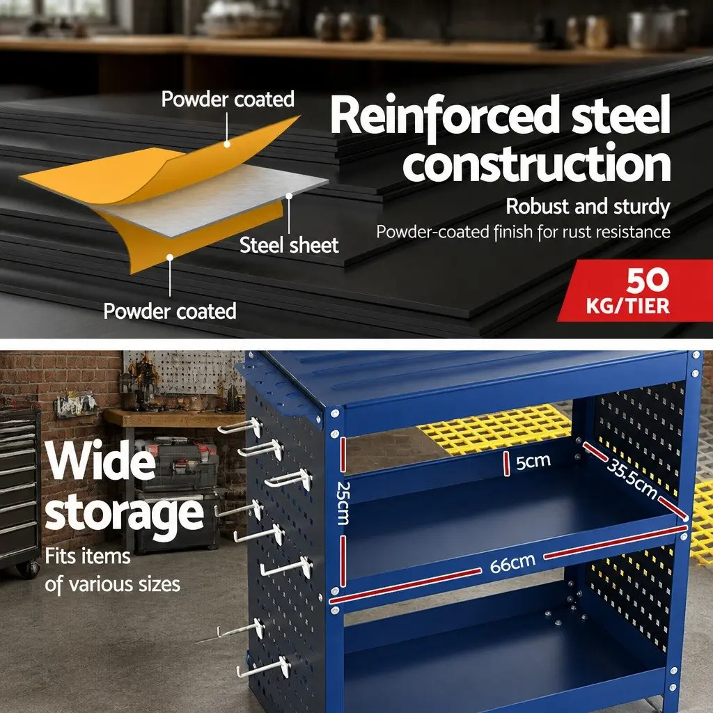 3-Tier Tool Cart Steel 79cm x 35.5cm x 77cm Blue