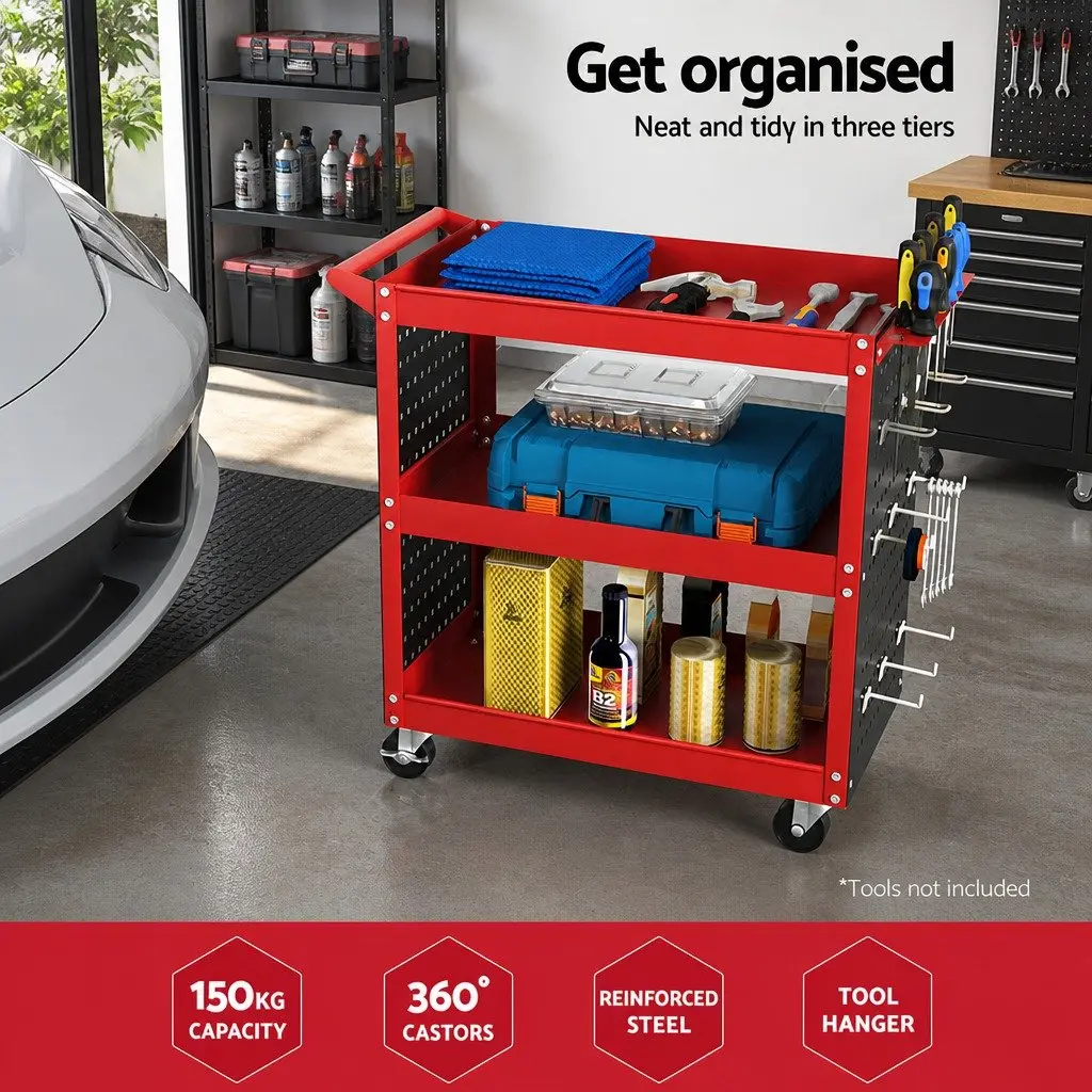 3-Tier Tool Cart Storage Trolley Workshop Garage Pegboard System Red Casters