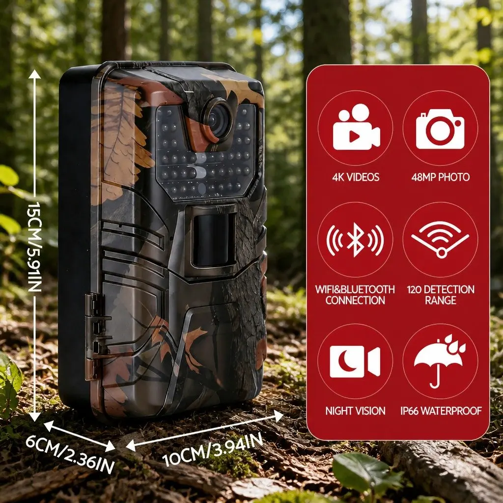 Trail Camera ABS 10cm x 6cm x 15cm Green Camouflage 4K WiFi 48MP Wildlife Surveillance Hunting