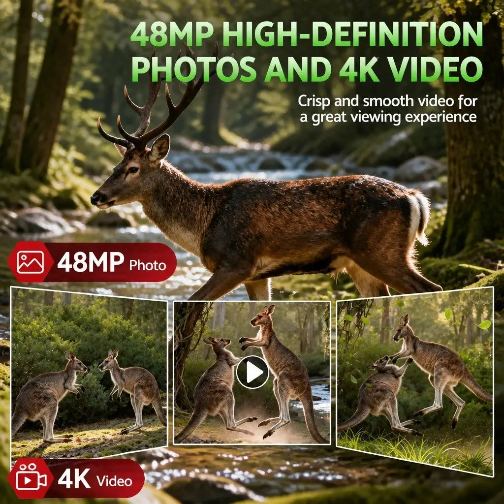 Trail Camera ABS 10cm x 6cm x 15cm Green Camouflage 4K WiFi 48MP Wildlife Surveillance Hunting