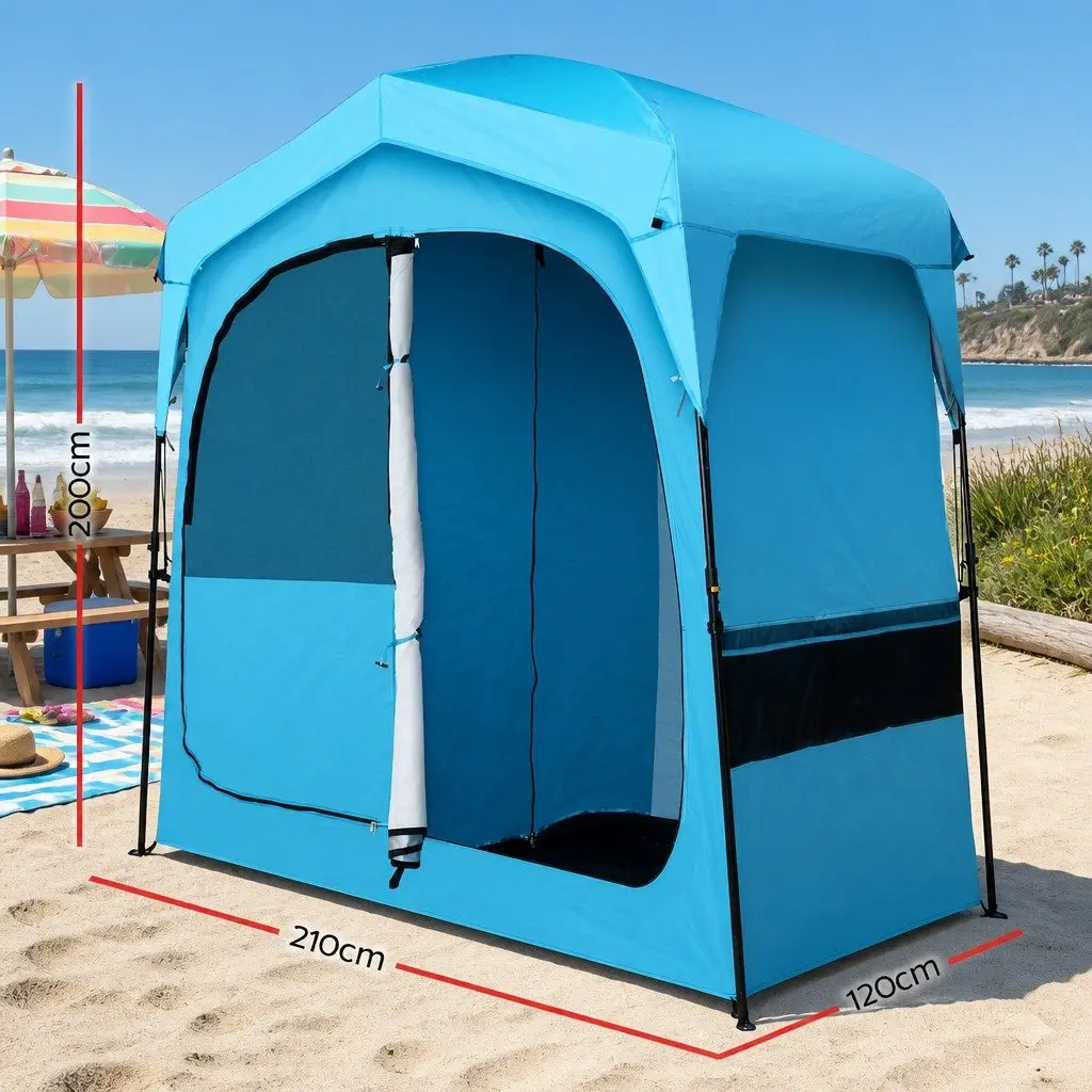 Double Camping Shower Toilet Tent Polyester 210 x 120 x 200 cm Blue