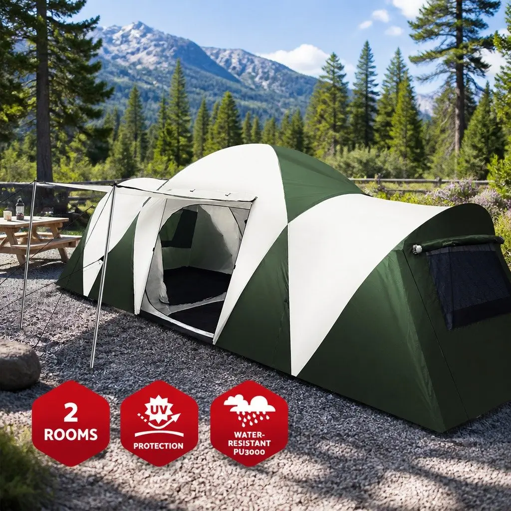 12 Person Dome Camping Tent Polyester 620 x 244 x 190cm Green