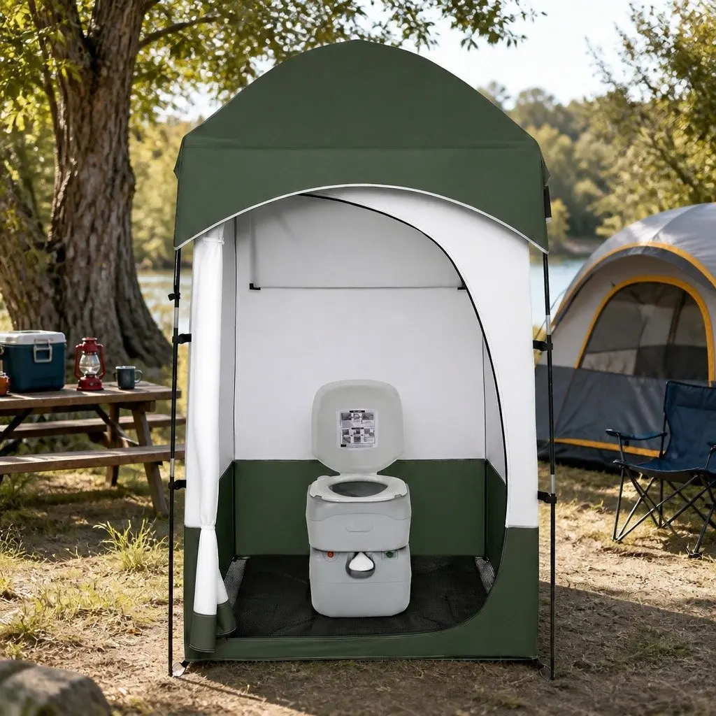 Portable Toilet Shower Tent Set Polyester 1-2 Person Grey Green