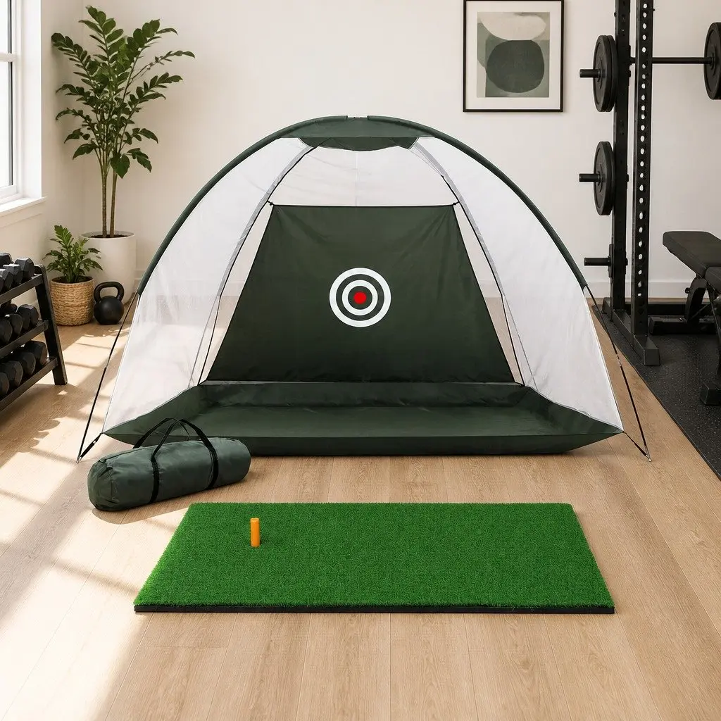 Golf Practice Net and Training Mat Set Portable Indoor Outdoor Dark Green 9 Piece