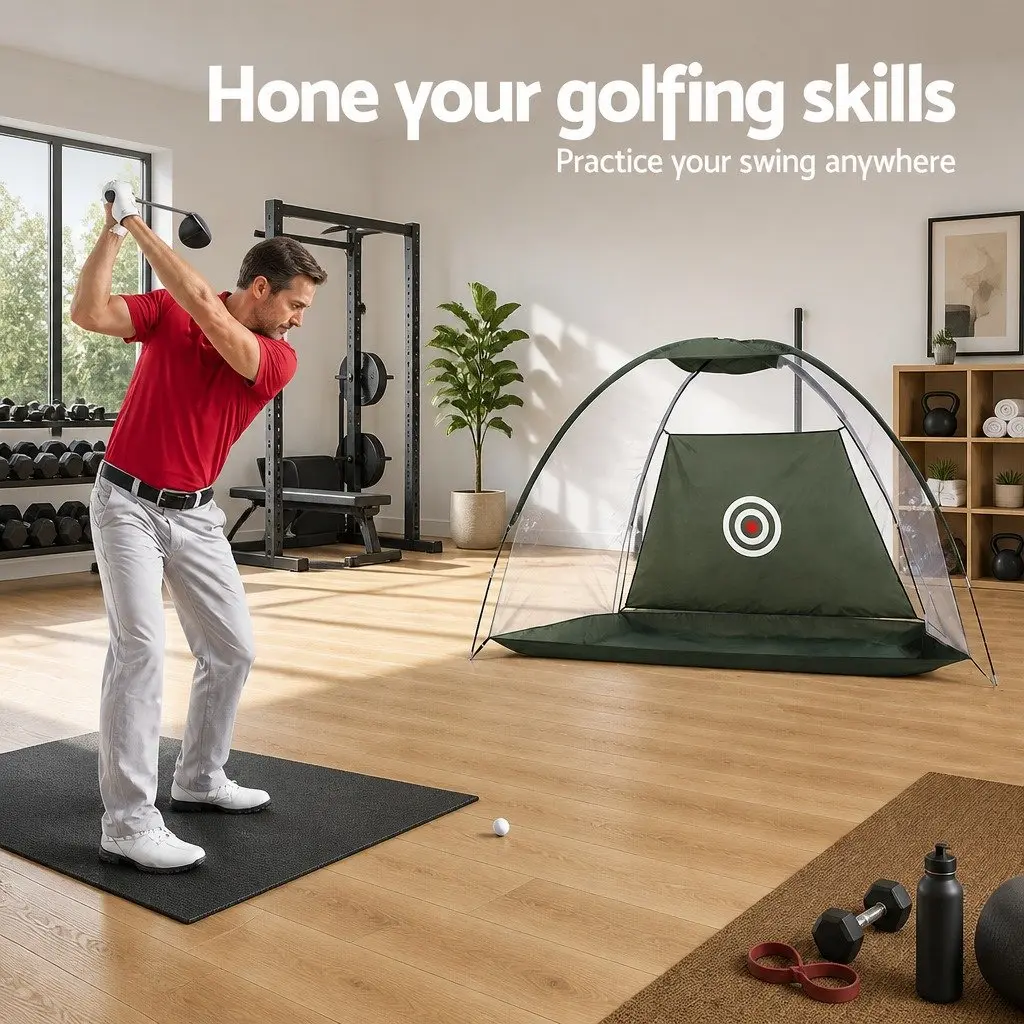 Golf Practice Net and Training Mat Set Portable Indoor Outdoor Dark Green 9 Piece