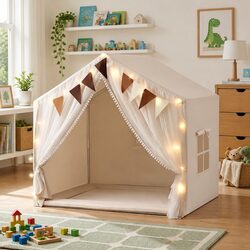 Kids Play Tent Indoor Playhouse with Star Lights Windows 144cm Cream