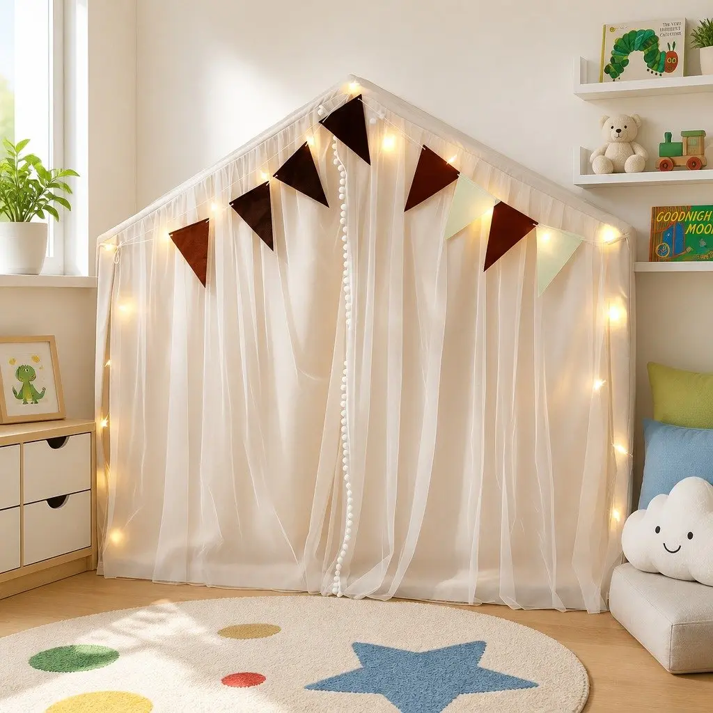 Kids Play Tent Indoor Playhouse with Star Lights 144cm Cream