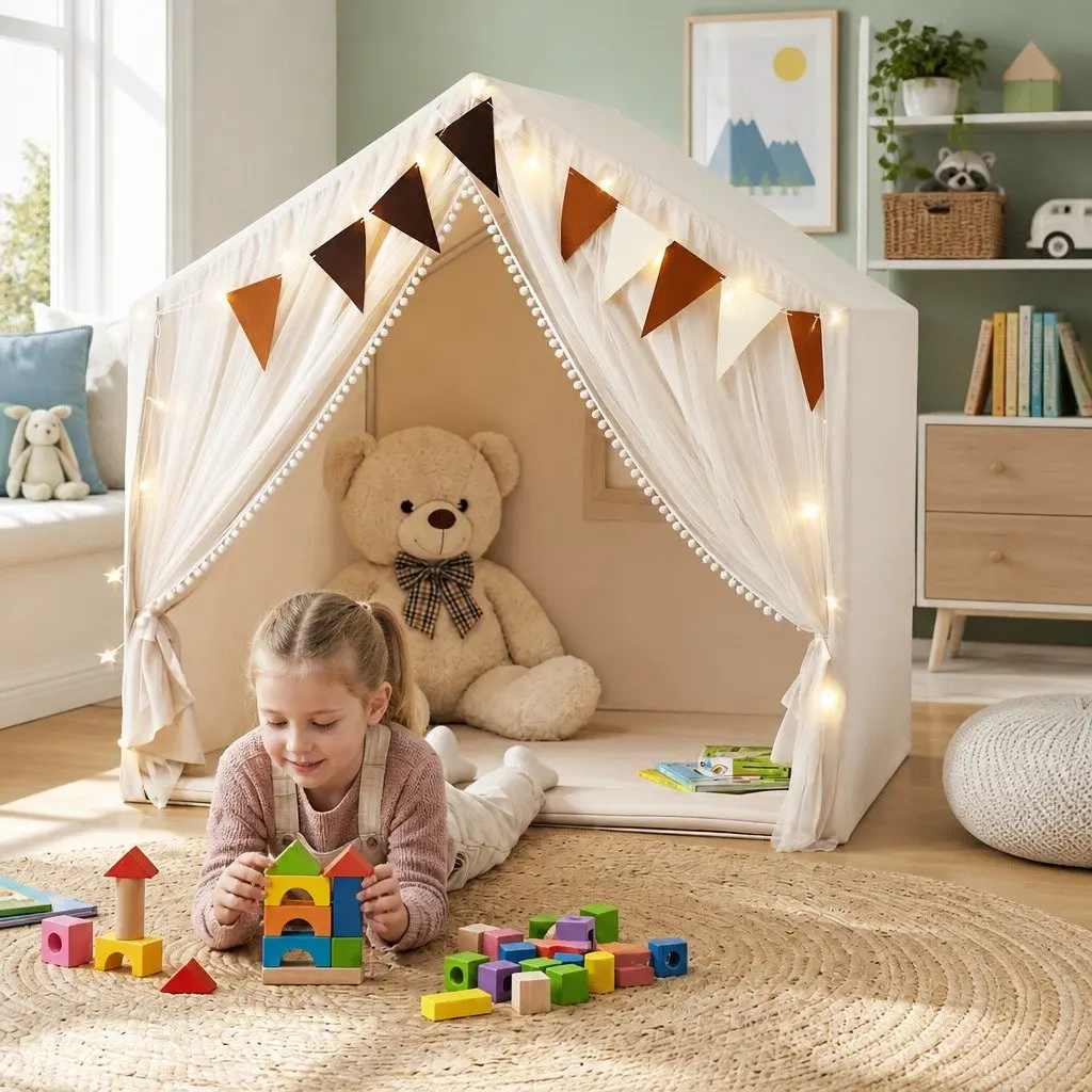 Kids Play Tent Indoor Playhouse with Star Lights 144cm Cream