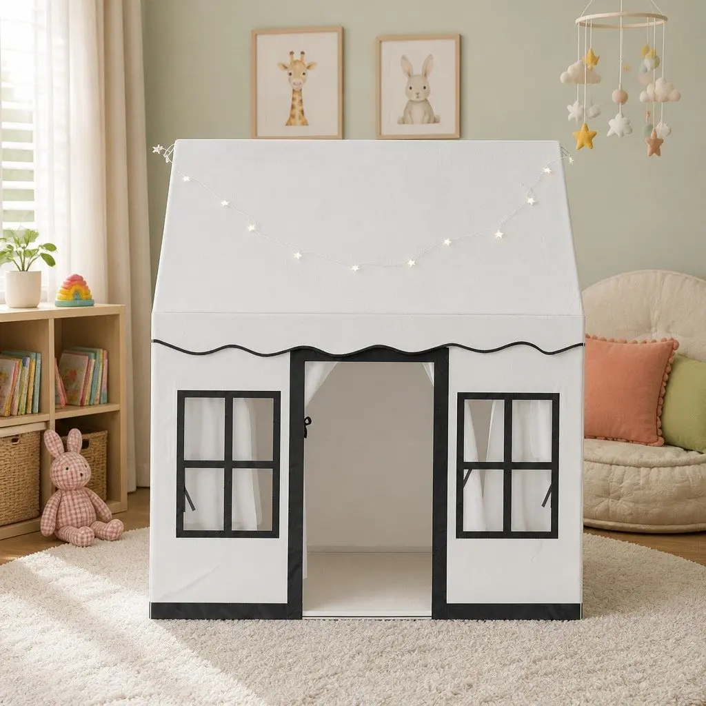 Kids Play Tent Castle Playhouse Canvas 121cm x 100cm x 133cm White