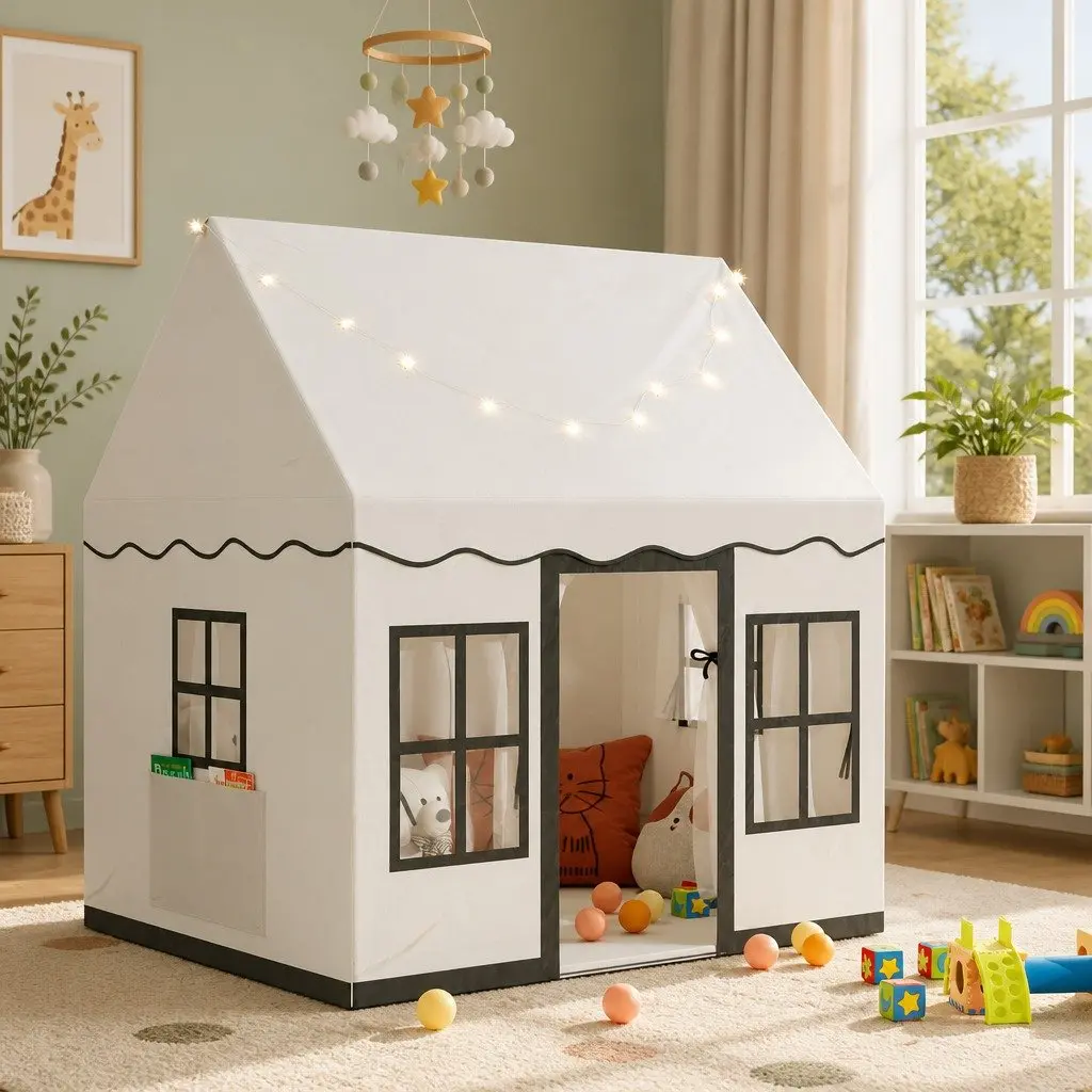 Kids Play Tent Castle Playhouse Canvas 121cm x 100cm x 133cm White