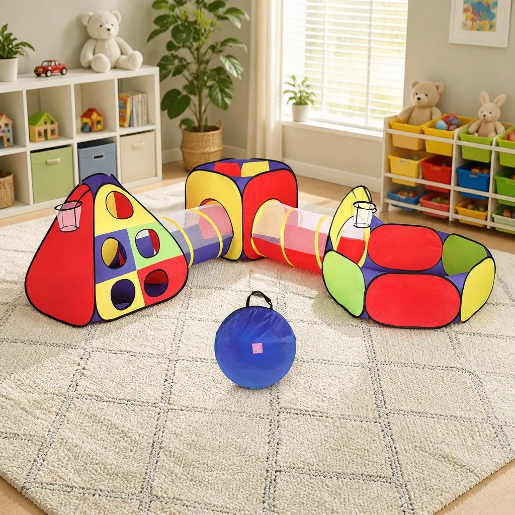 Kids Play Tent Polyester Multi-colour Indoor Outdoor Teepee Playhouse Crawl Tunnel Ball Pit Basketball Hoop