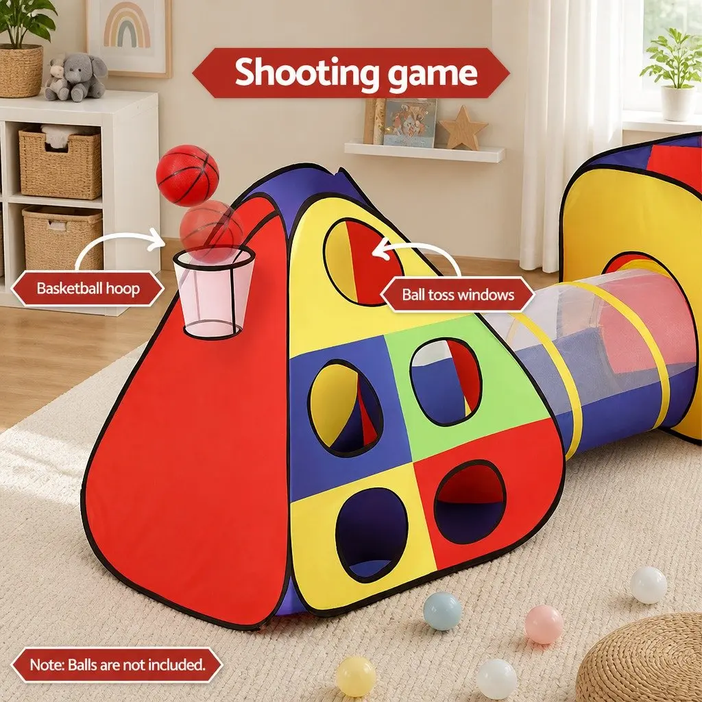 Kids Play Tent Polyester Multi-colour Indoor Outdoor Teepee Playhouse Crawl Tunnel Ball Pit Basketball Hoop