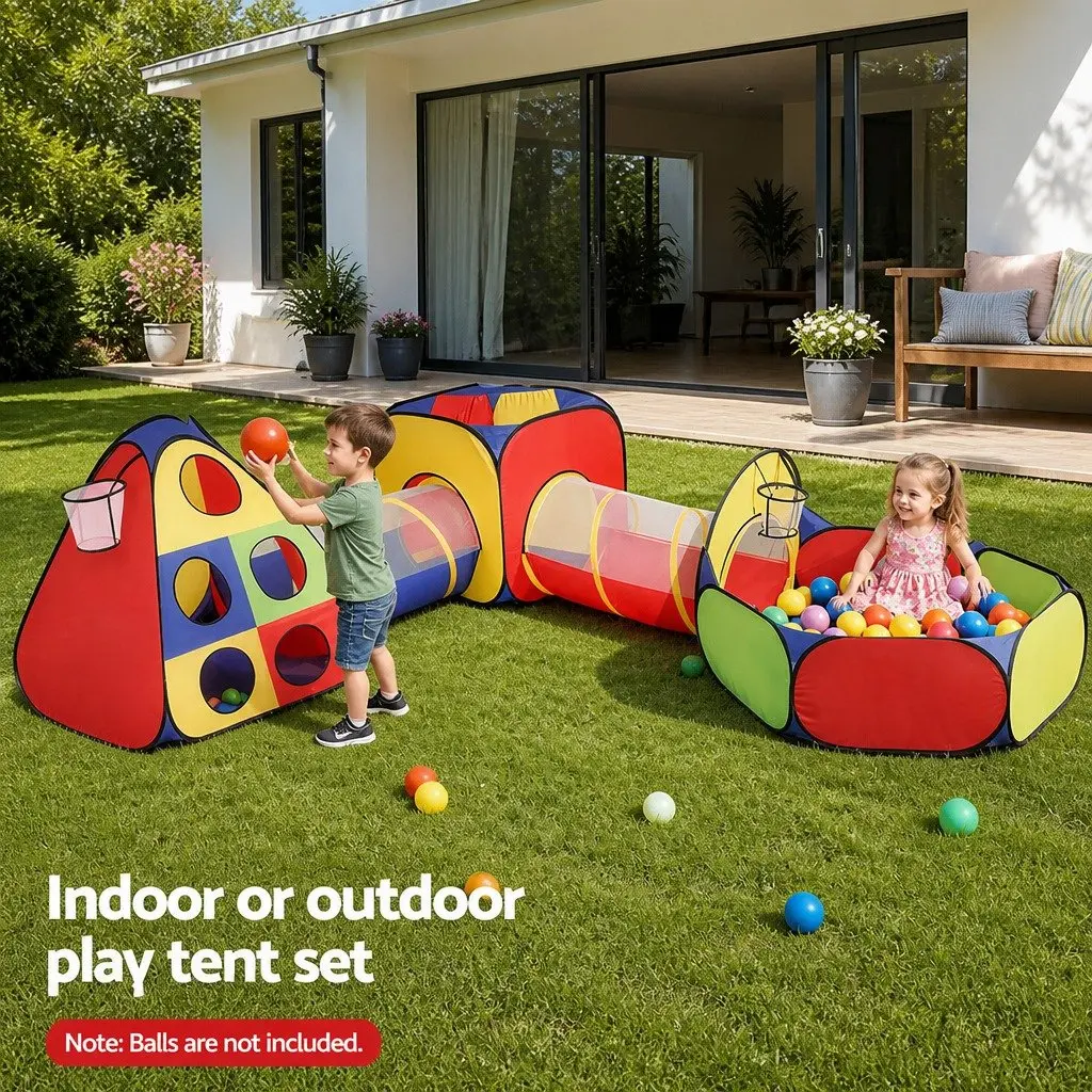Kids Play Tent Polyester Multi-colour Indoor Outdoor Teepee Playhouse Crawl Tunnel Ball Pit Basketball Hoop