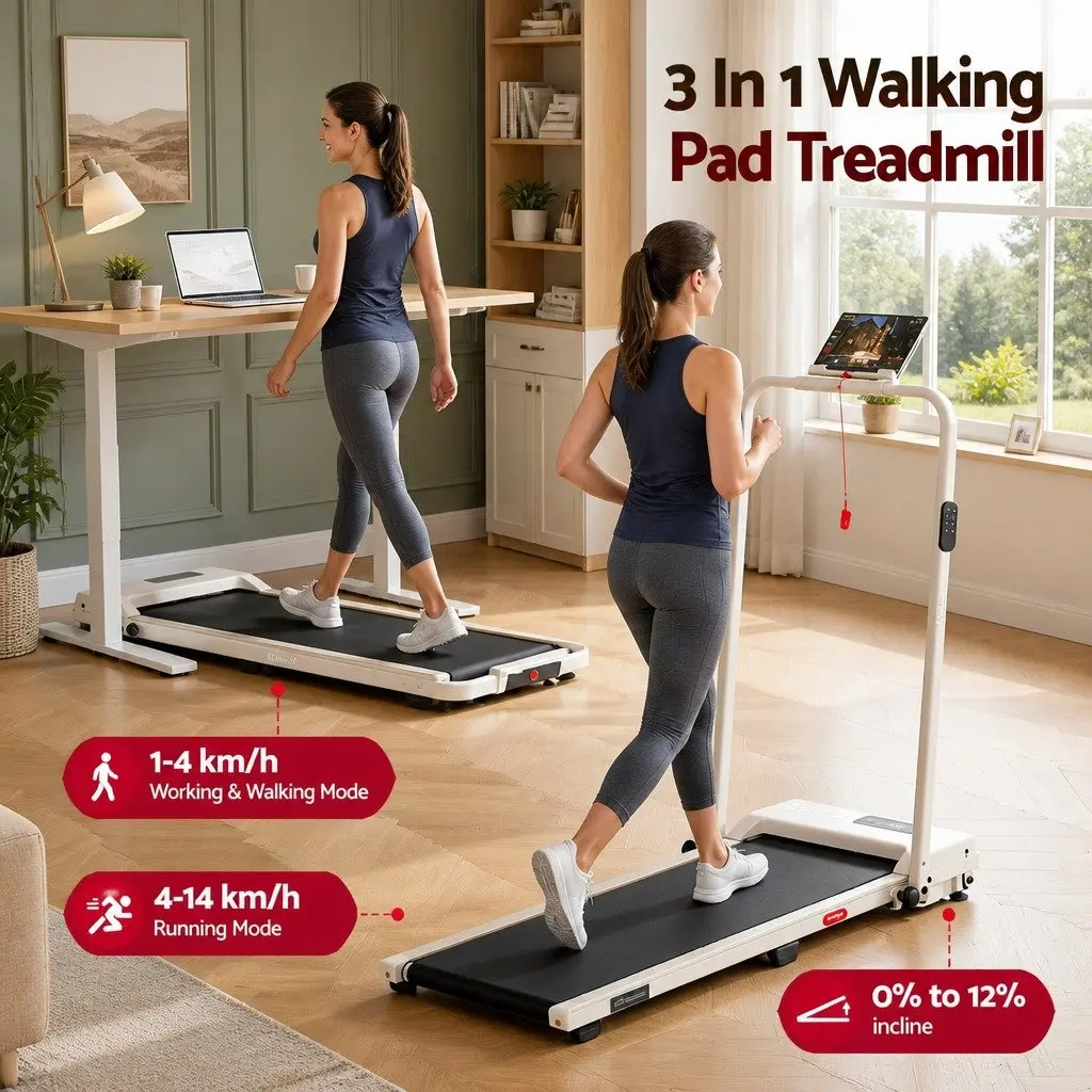 3-in-1 Walking Pad Treadmill Beige 90x38cm Foldable Under Desk Home Gym