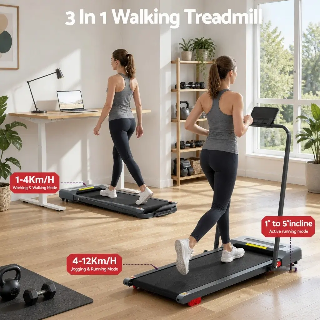 Electric Treadmill Walking Pad Adjustable Incline Under Desk 380mm Grey