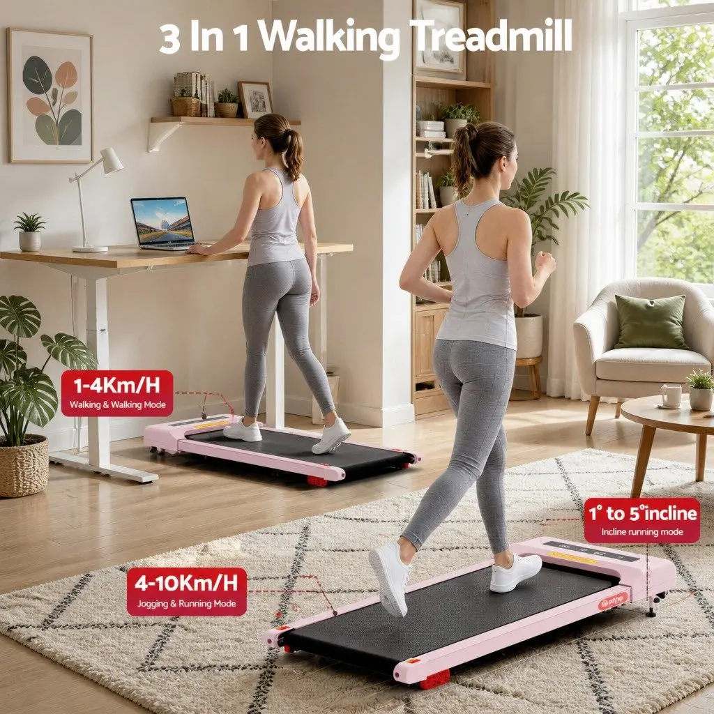 Electric Walking Pad Treadmill with Incline in Pink