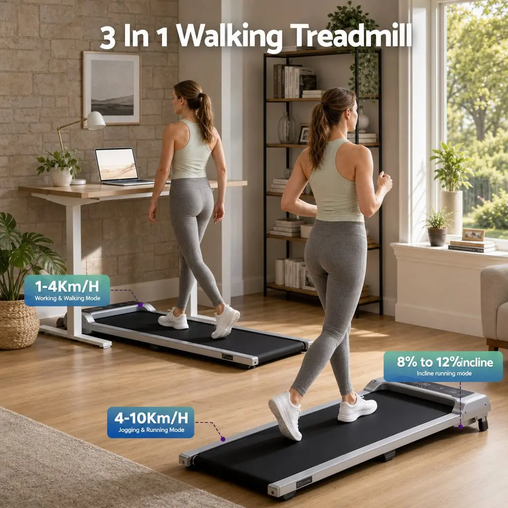 Treadmill 3 in 1 Compact Silver Under Desk Walking Pad 100 x 40 cm
