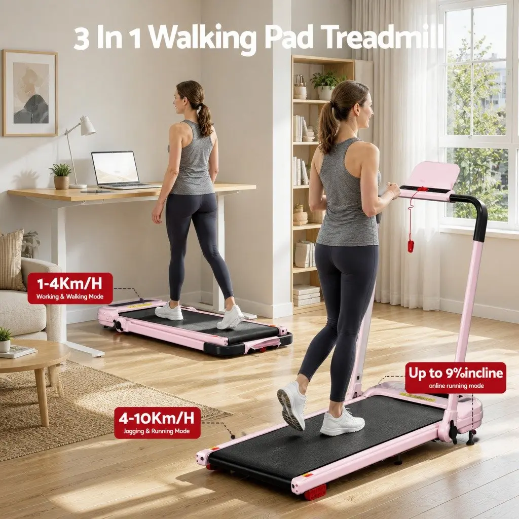 Pink Foldable Electric Treadmill with 3 Incline Levels