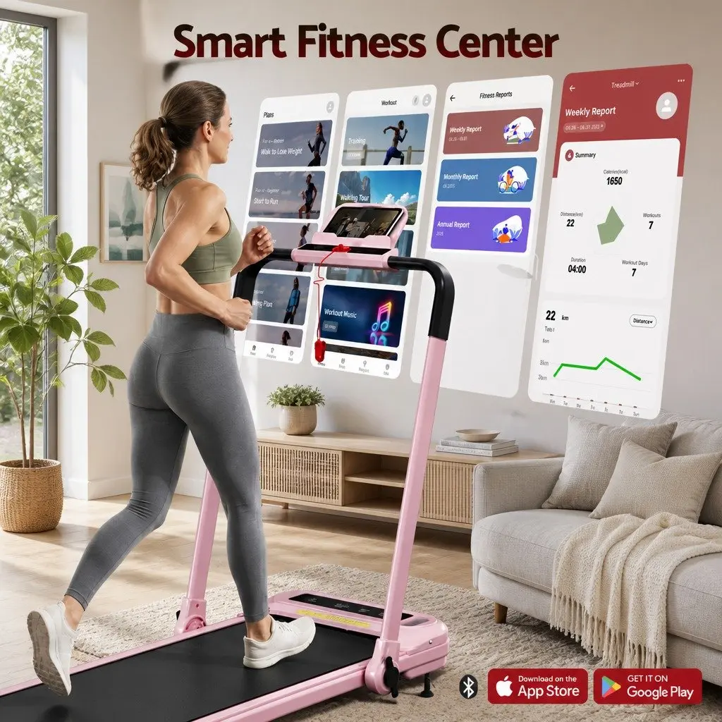 Pink Foldable Electric Treadmill with 3 Incline Levels