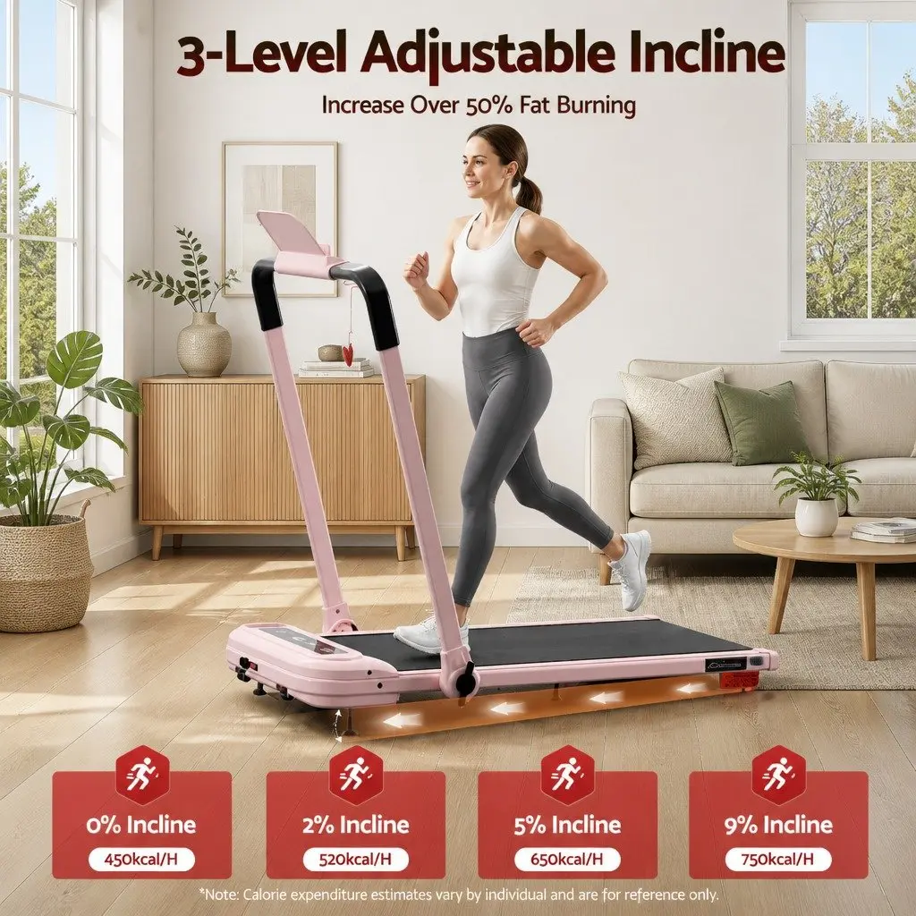 Pink Foldable Electric Treadmill with 3 Incline Levels