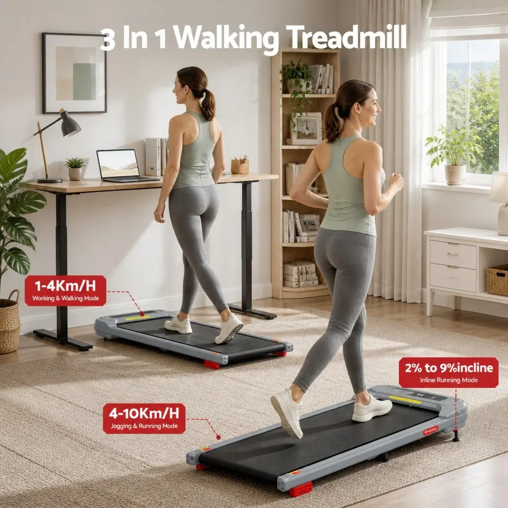 Treadmill Electric Compact Under Desk 3 Level Incline Grey