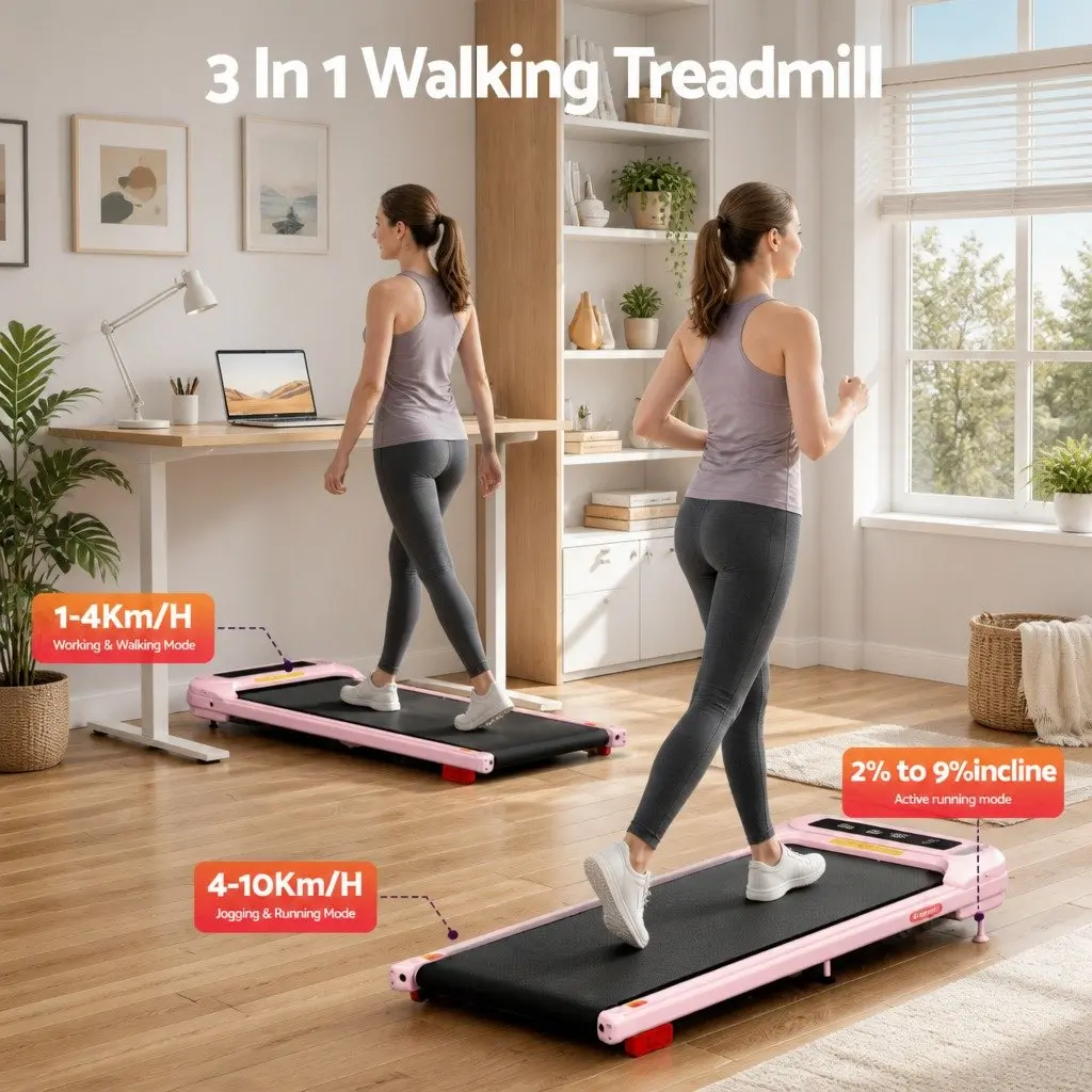 Electric Treadmill Walking Pad Compact Under Desk 3-Level Incline Pink