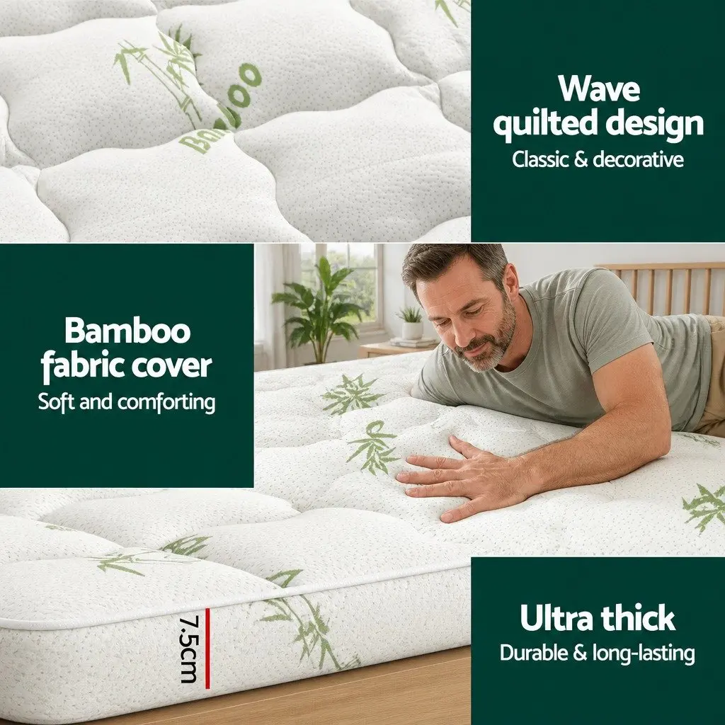 Mattress Topper Microfibre 7.5cm Thick King Single Bamboo Fabric White