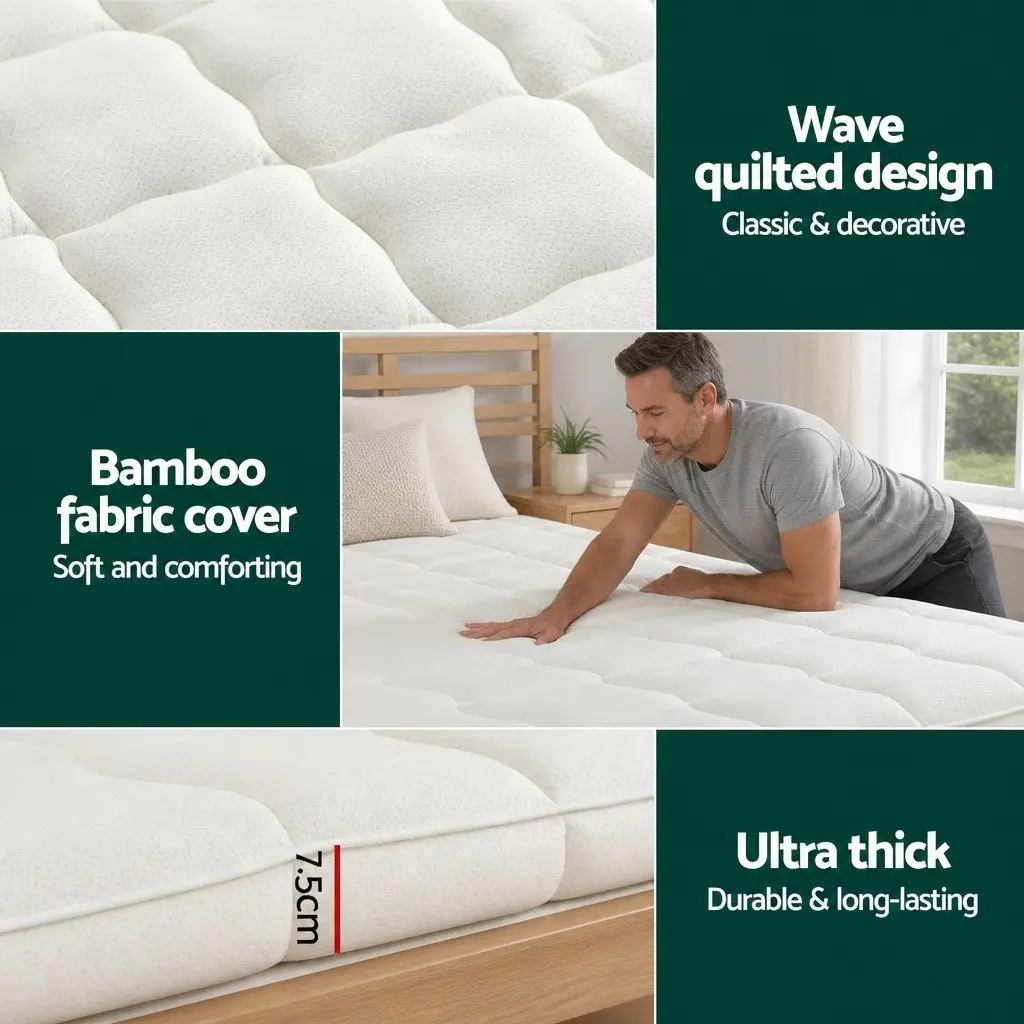Mattress Topper Microfibre 7.5cm Thick King Single Bamboo Fabric White