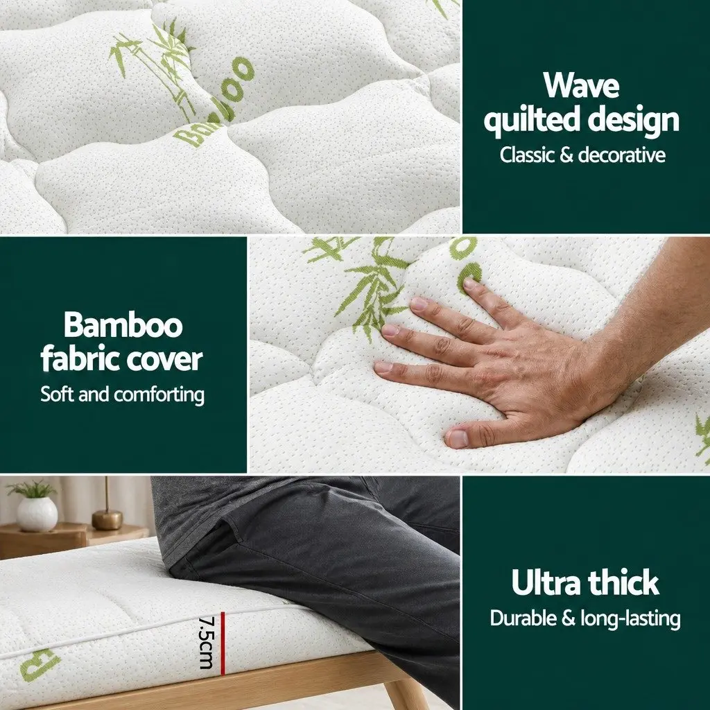 Pillowtop Mattress Topper 7.5cm Single Bed Pad Bamboo Cover Deep Pocket White