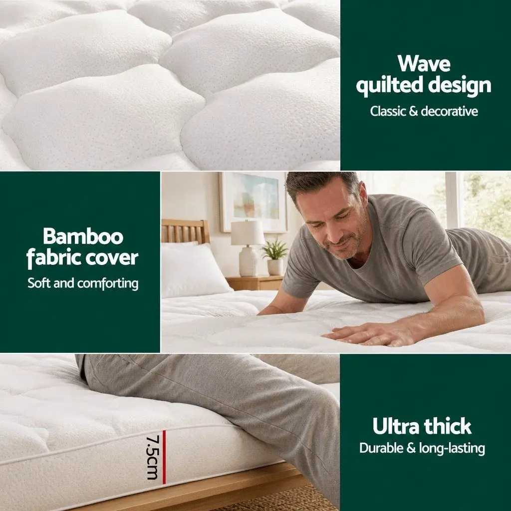 Pillowtop Mattress Topper 7.5cm Single Bed Pad Bamboo Cover Deep Pocket White