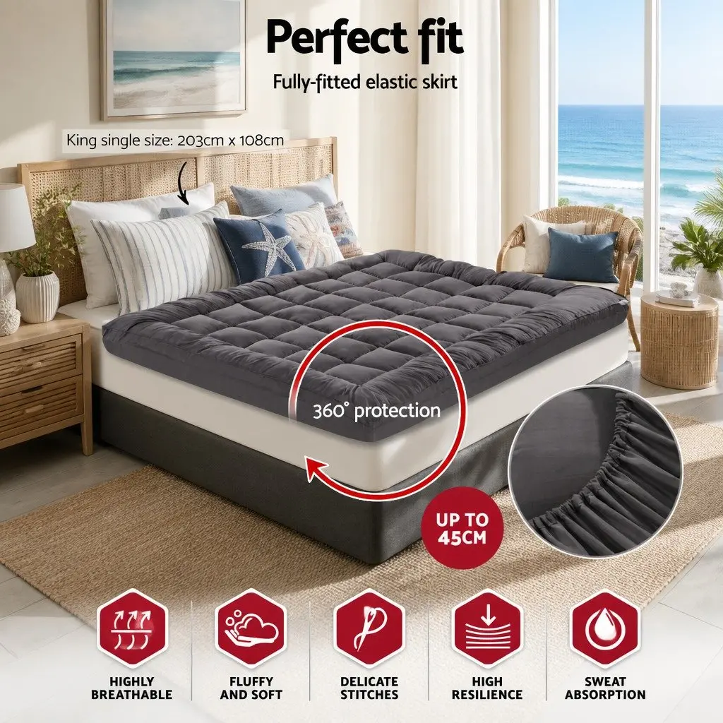 Mattress Topper 5cm Thick Grey Bamboo Charcoal Microfibre with Deep Pocket King Single