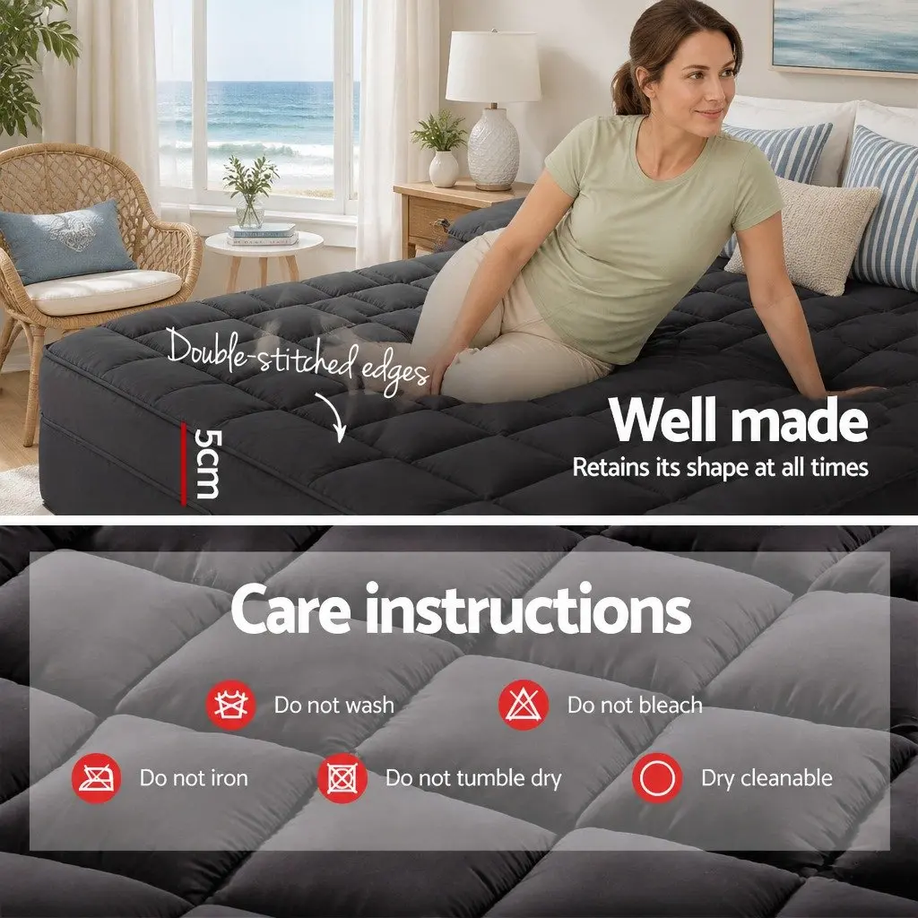 Mattress Topper 5cm Thick Grey Bamboo Charcoal Microfibre with Deep Pocket King Single