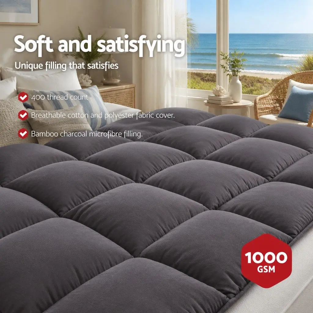 Mattress Topper 5cm Thick Grey Bamboo Charcoal Microfibre with Deep Pocket King Single