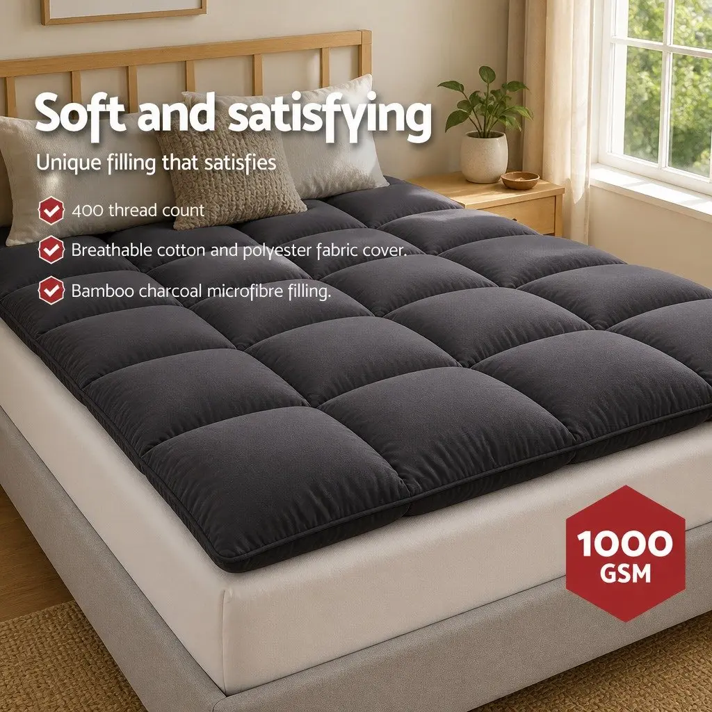 Mattress Topper Bamboo Charcoal Microfibre 5cm Thick Grey 190x90cm