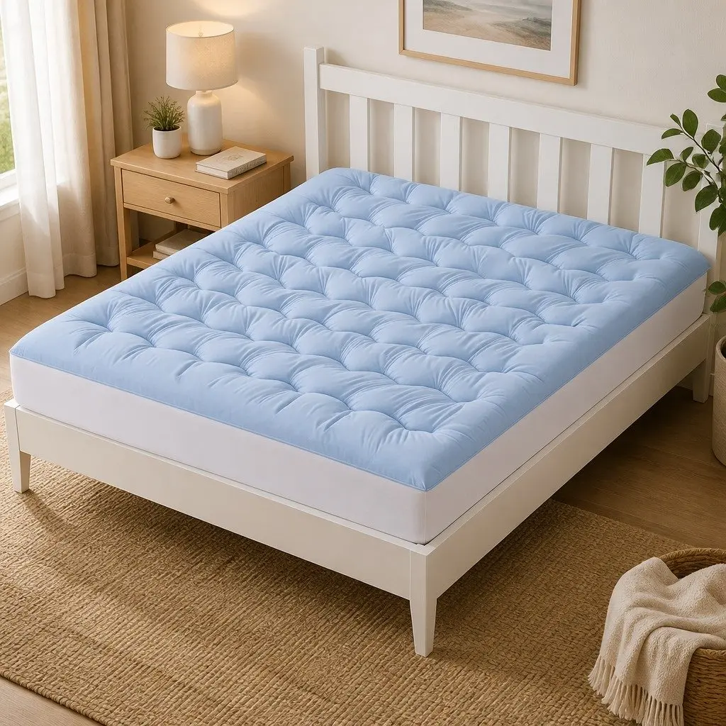 Mattress Topper 5cm Pillowtop Reversible Cooling Coral Fleece King Size Blue White