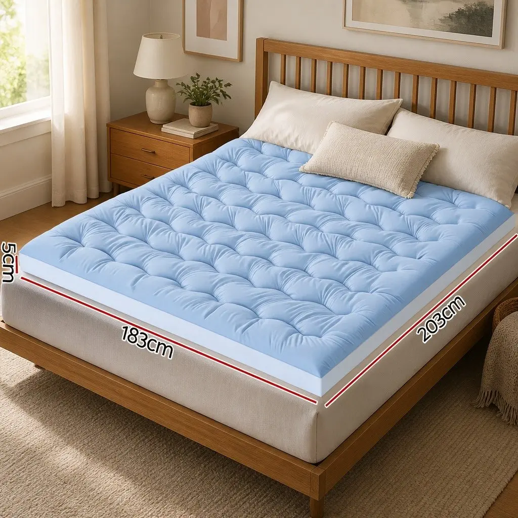Mattress Topper 5cm Pillowtop Reversible Cooling Coral Fleece King Size Blue White