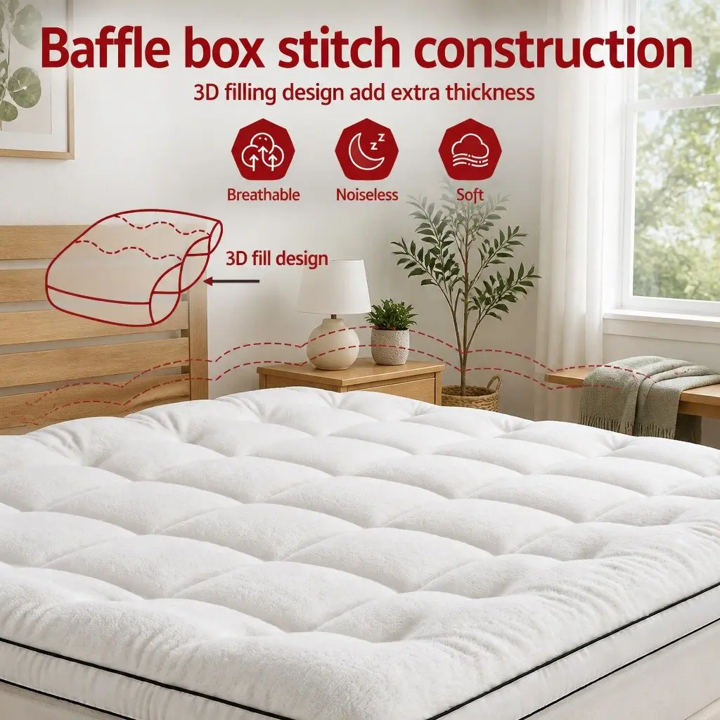 Mattress Topper Coral Fleece 5cm Queen White Baffle Box Stitch
