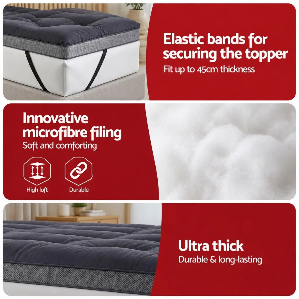Mattress Topper Bamboo Polyester 5cm Charcoal Grey Queen