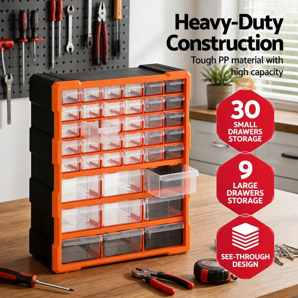 Tool Storage Cabinet High-Impact Polypropylene 39 Drawer Black with Orange Accents