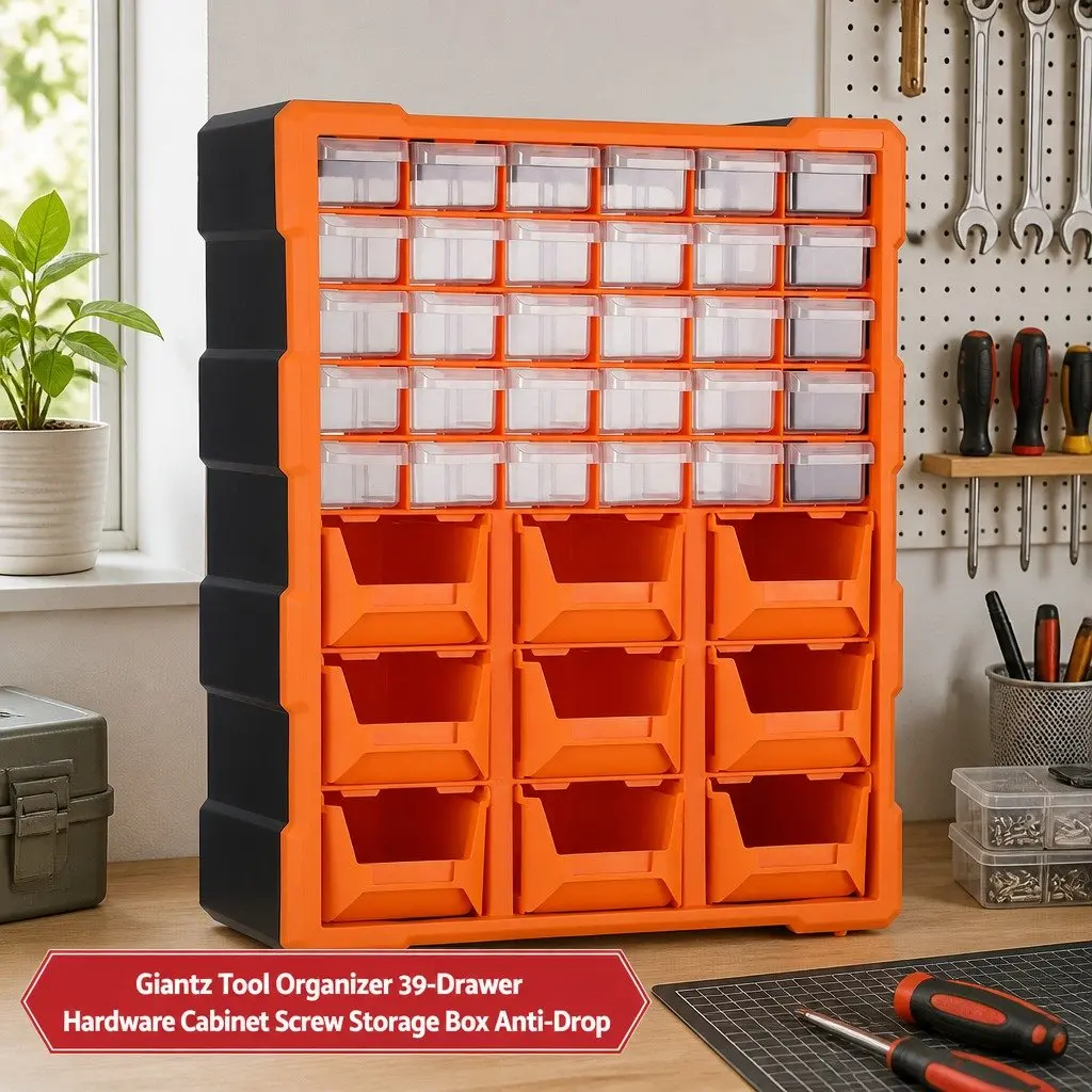 Tool Organizer Cabinet High-Impact Polypropylene 39 Drawer Black Frame Clear and Orange Drawers
