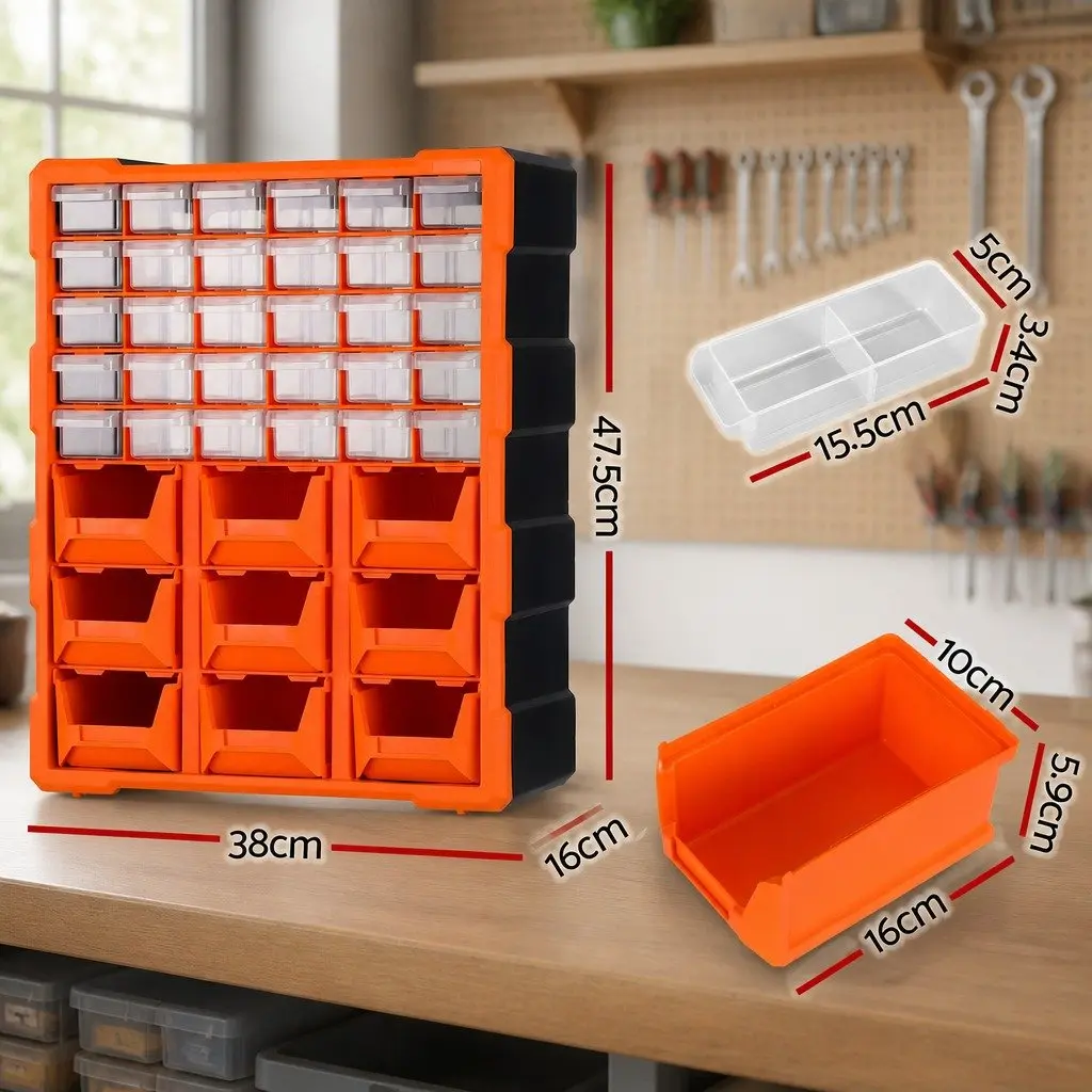 Tool Organizer Cabinet High-Impact Polypropylene 39 Drawer Black Frame Clear and Orange Drawers