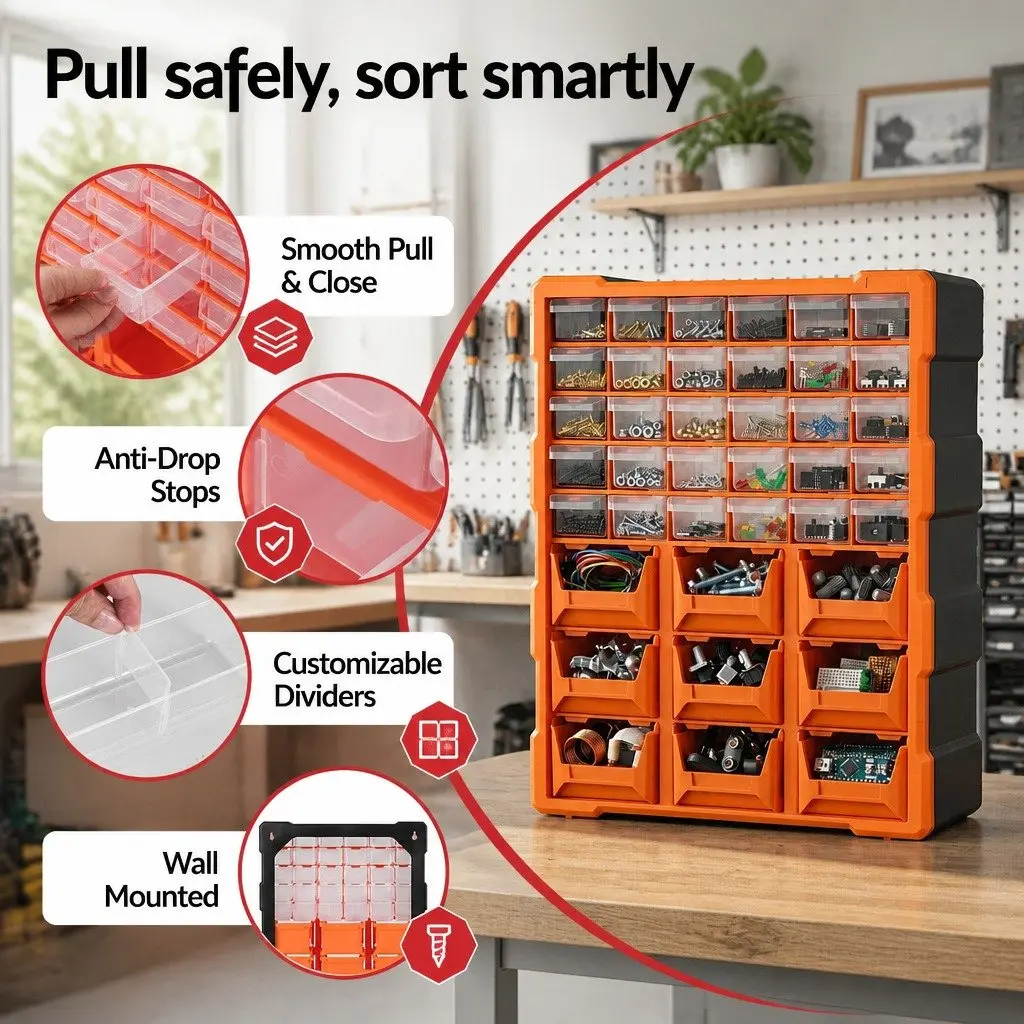 Tool Organizer Cabinet High-Impact Polypropylene 39 Drawer Black Frame Clear and Orange Drawers
