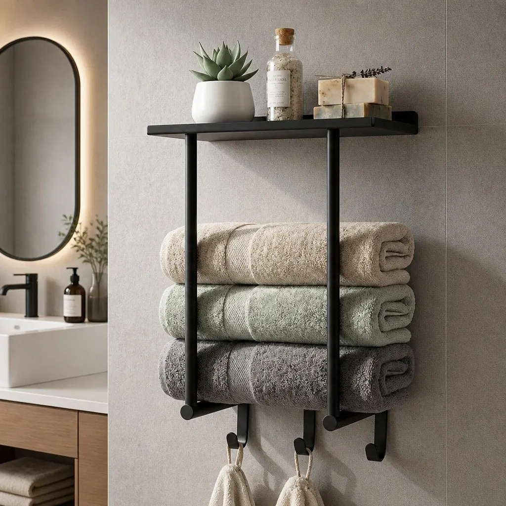 Wall Mounted Towel Rack Carbon Steel 30cm x 16cm x 50cm Black